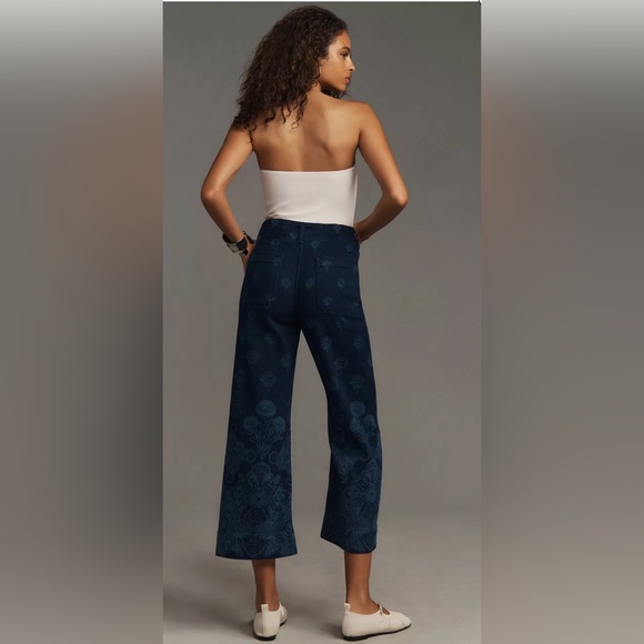 Anthropologie Maeve Colette Floral Print Denim Pants 32 Wide Leg High Rise - Picture 2 of 11